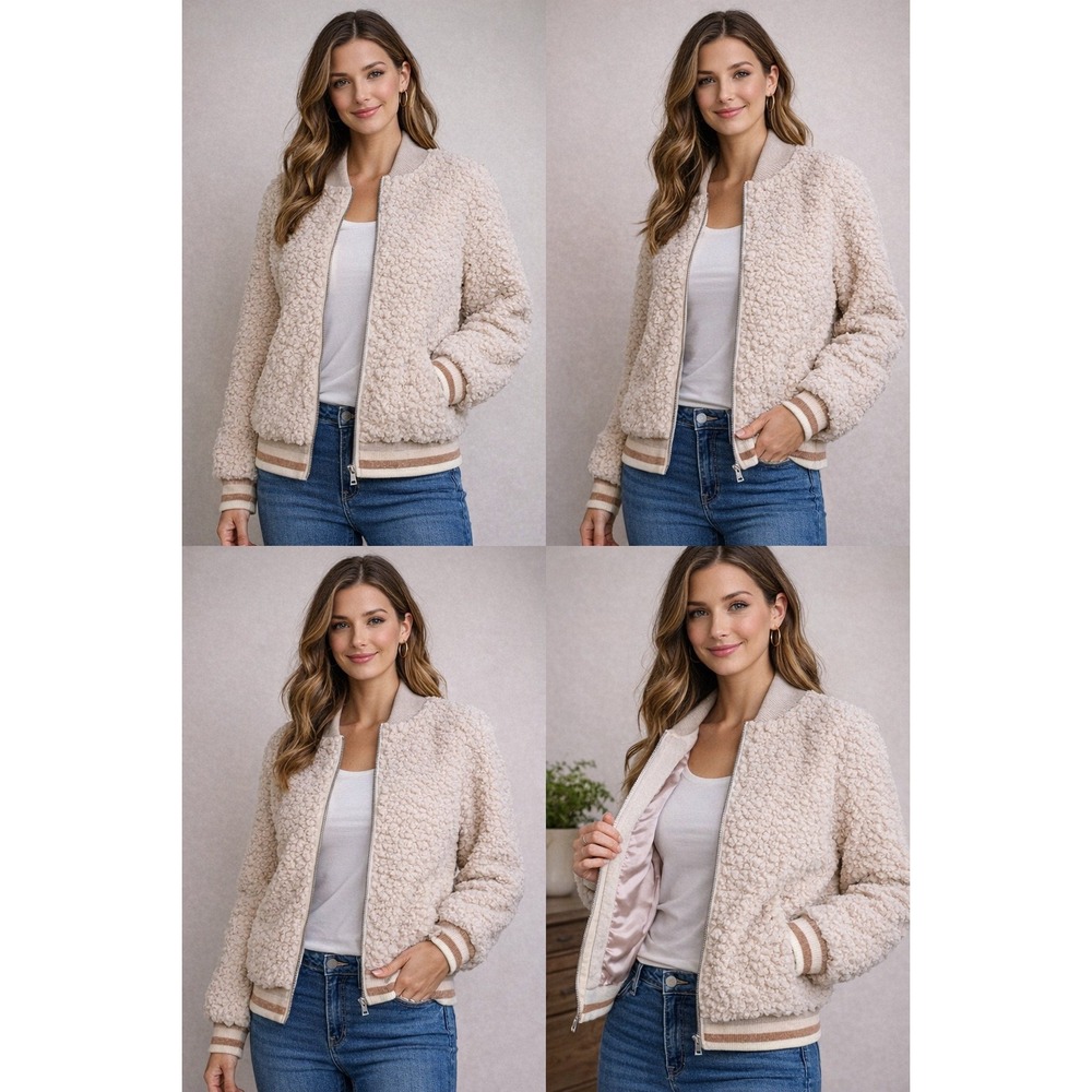 Spiritual Gangster Sherpa Bomber Jacket Cream Beige‎ Metallic Striped Small